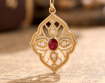 18K Gold Ruby Diamond Pendant: Vintage July Birthstone Gift