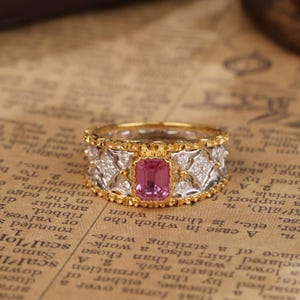 18k Gold Pink Ruby Ring, Emerald cut Vintage Pink Ruby Ring, Rectangle Cut Ruby Lab Diamond Ring, Wedding Bridal ring, Anniversary gift