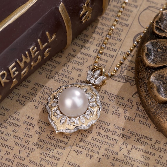 18k Yellow Gold Pearl Diamond Pendant Necklace June Birthstone