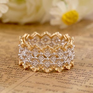 18k Solid Gold Lace Diamond Ring, Lace Filigree Wide Ring in 18k Gold, Gold Yemenite Filigree Ring Band, Vintage Art Deco Band,