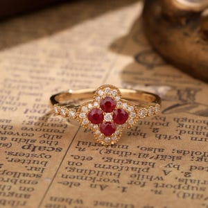 18K Solid Gold Natural Ruby Diamond Ring, Vintage Ruby Ring, Birthday Gift, Statement Ring, Anniversary Gift, Gift For Her, July Birthstone