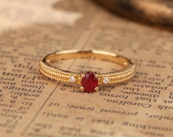Anello in oro 18k con rubino naturale, accento di diamanti, regalo di anniversario