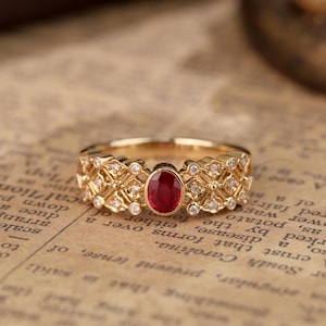 18k Solid Gold Diamond Ruby Ring, Natural Ruby ring, Retro jewelry, Vintage rings, Engagement ring, Wedding Ring, Anniversary Gift