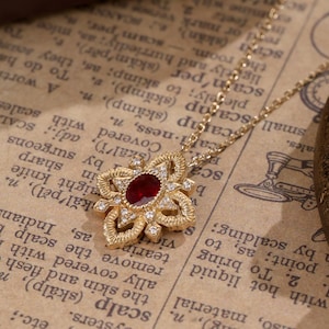 18K Solid Gold Ruby Necklace, Natural Ruby Diamond Pendant, Retro Jewelry, Vintage Ruby Pendant, Gifts for her, Christmas gift