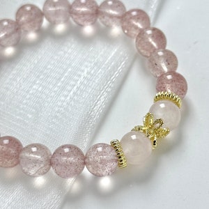 18K Gold Strawberry Quartz & Rose Quartz Bracelet 8mm, Healing Crystal Jewelry, Love Gift, Heart Chakra Crystal
