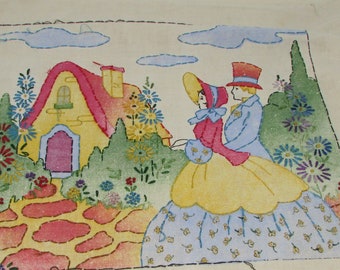 Antique Pillow Hand Embroidered and Tinted Cottage Garden Scene with Cute Victorian Couple Pillow Embroidery Vintage Pillow Sham