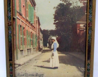 Vintage WWI Hand Tinted Photograph Red Cross Nurse Rue Beaujean France Original Deco Frame Inscribed and dated on back 1917 - 9 x 6 inches