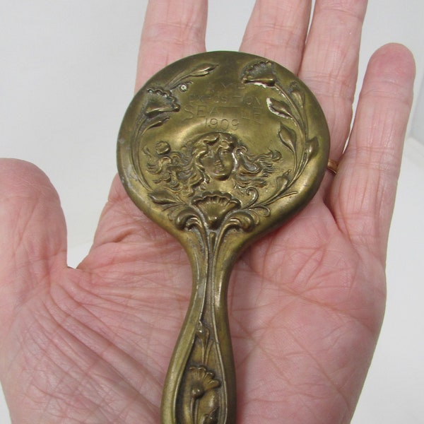 Art Nouveau Miniature Hand Mirror A.Y.P. Seattle Exposition Doll Hand Mirror Purse Boudoir Alaska Yukon Pacific Exposition Seattle WA 1909