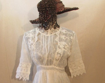 Edwardian Wedding Dress Lace and Intricate Open Work Detail White Lawn Dress Wedding Gown Extra Small Hand Sewn