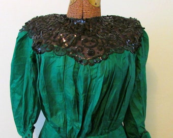 Gunsmoke Miss Kitty Dress Costume Authentic Early 1900's Green Silk Gown with Black Sequins and Lace Antique Silk Gown Dress Emerald Green