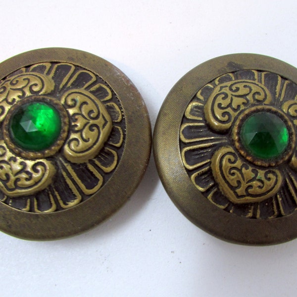 Vintage Art Nouveau Large Buttons Pair of Antique Buttons Coat Shawl Cape Green Rhinestone Gorgeous!