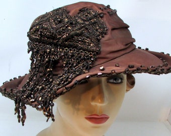 Edwardian Hat Brown Satin with Glass Beads Gorgeous Antique Downton Abbey Era Hat Kentucky Derby Royal Wedding