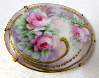 Vintage Early Hand Painted Porcelain Brooch C Clasp Antique Brooch Pink Roses Large Size 2 1/2 by 2 inches