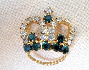 Vintage Rhinestone Crown Emerald Green and Clear Stones on Gold Tone Metal Unmarked Sweet Small Size Pronged Sets