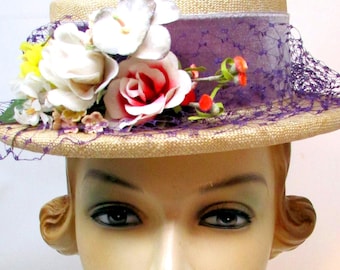 Vintage Velour Cocktail Hat – 1950s Rhinestone Veil, Made in  display picture 3