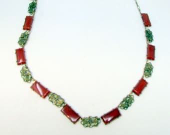 Vintage 1920's Brass and Carnelian Necklace Gorgeous Art Deco Detail Perfect for Bridal Jewelry Dainty