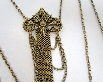 Vintage Multi-Strand Long Necklace with Ornate Mesh Pendant Gold Tone Antique Gold Finish Triple Strands 19 inches long