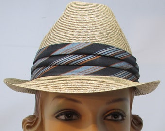 Vintage Genuine Italian Milan Straw Fedora Hat with Striped Band Size 7 Custom Made Mens Straw Hat