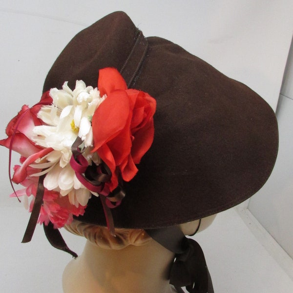 Vintage Hat 1930's Bonnet Style Felt Hat with Flowers Brown with Red and White Flowers