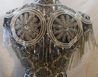 Vintage Beaded Cape Capelet Shawl Sexy  Black and Silver Beads and Sequins Fringe Wedding Flapper Gorgeous