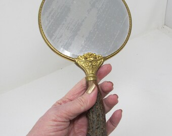 Victorian Hand Mirror with Faux Antler Handle Double sided with Photo of Girl Beveled Mirror Gorgeous