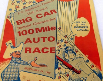 1968 Vintage Auto Racing Program 18th Big Car National Championship 100 Mile Auto Race Program Auto Racing 1960s Auto Racing Souvenir