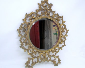 Victorian Cast Iron Standing Vanity Mirror Vintage Round Beveled Mirror Victorian Rococo Gold Frame Mirror Ready to Hang on Wall