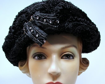 1920s Vintage  Hat Flapper Cloche Hat Seattle Designer Black Hat with 2 amazing hat pins beads Rhinestones Avvant Garde Downton Abbey