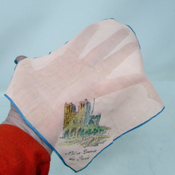 Vintage Notre Dame de Paris France Souvenir Handkerchief Hankie Hanky Antique  Hand Painted Paris France City Scene