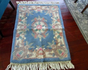 Vintage Hooked Floral Rug Pink Roses on Blue and Cream  Floral Carpet 42 x 30 inches  Small Area Accent Rug