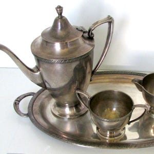 Vintage Coffee Server Art Deco Silver Plate Coffee Server with Creamer, Sugar and Tray Antique Silverplate Set Tea Coffee Pot Melford