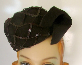 Vintage Tilt Hat 1940s WWII era  Min Hat Brown Felt Sequins Avant Garde