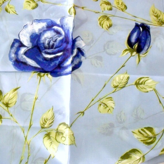 Vintage Scarf Blue Roses 1950s Scarf Rayon Scarves - image 3