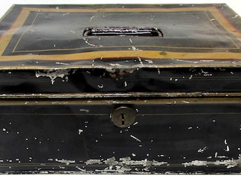 Caja de metal vintage negra y dorada para dinero en efectivo, caja de almacenamiento de hojalata antigua (sin llave)