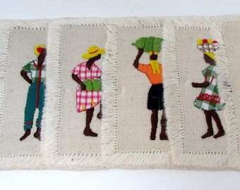 Vintage Napkins Made by Jamaica Women's League Colorful Appliqued Natives Black History Monty Set of 8 Small napkins