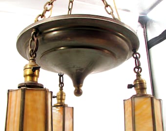 Antique Arts and Crafts 3-Light Slag Glass Chandelier – Mission Style Ceiling Fixture – Rewired Working