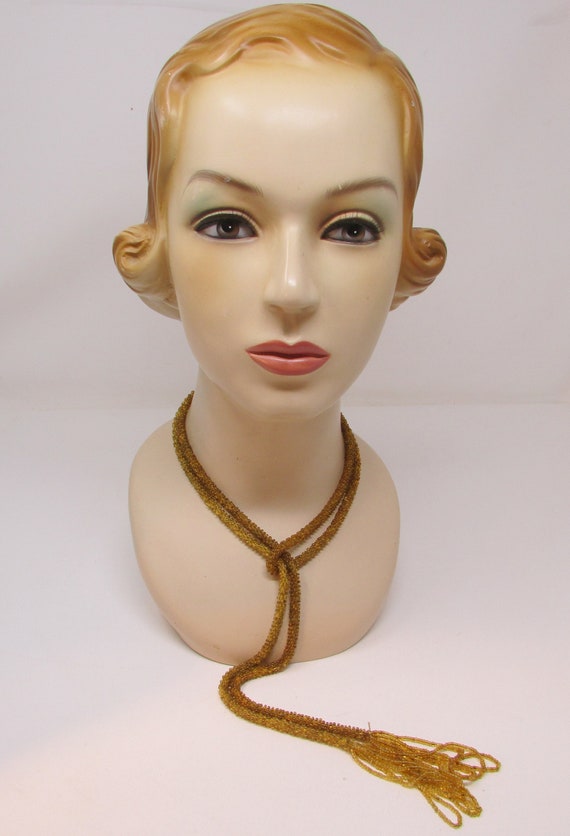 Vintage 1920's Gold Beaded Tassel Necklace Flappe… - image 4