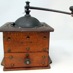 Antique Coffee Grinder Arts & Crafts Brass Tacks and Cast Iron grinder  Primitive Old Coffee Grinder Coffee Mill Vintage