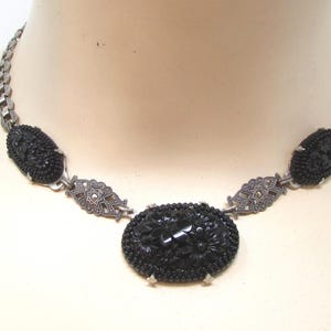 Vintage Choker Sterling Marcasite Art Deco Carved Black Glass Floral Necklace