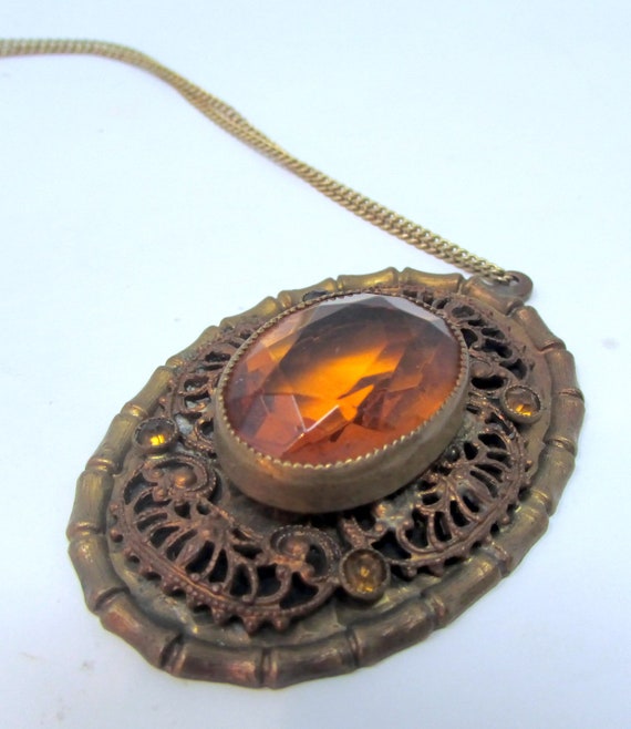 Vintage Victorian Necklace Brass Filigree Faceted… - image 2