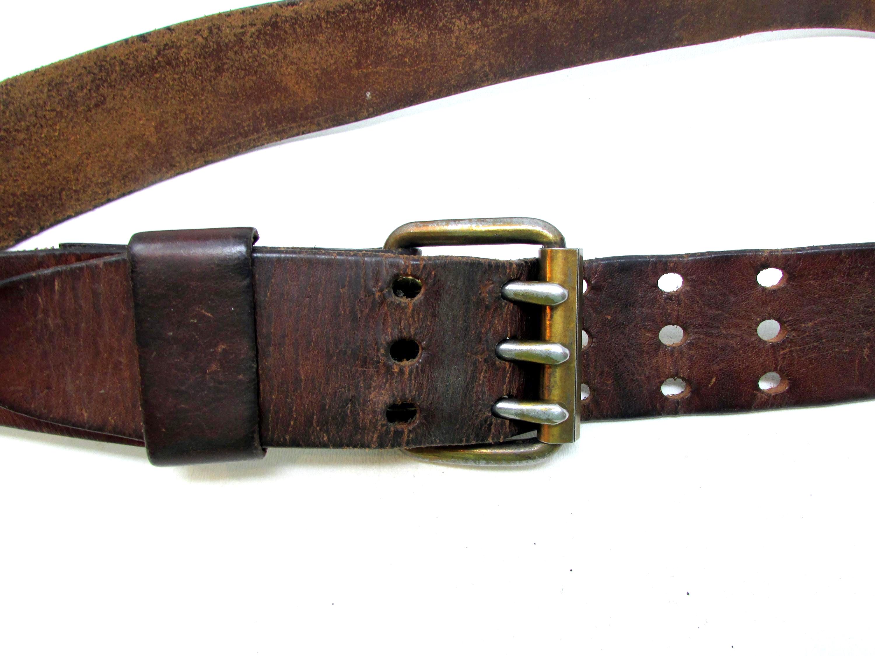 Vintage Leather Biker Belt with Heavy Metal Buckle Size 40 Hippie 1970s Brown Leather Belt