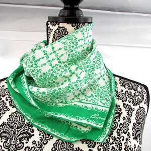 Vintage Burmel Silk Scarf Green Floral Lattice Print Japan Square Head Neck Wrap Bandana Kerchief Accessory