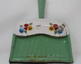 Vintage Metal Dust Pan With Adorable Pansies Green, Red, Yellow, Blue Flowers Kitchen Mail Box Recipe Holder