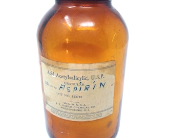 Antique Amber Glass Aspirin Bottle, Vintage Apothecary Decor (7 inch)