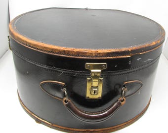 Vintage Black Train Case Carry On Luggage Oval Hatbox Style Travel Case Floral Lining