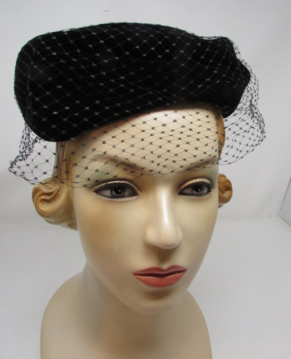 Vintage Black Velvet Pillbox Hat with Grosgrain R… - image 2