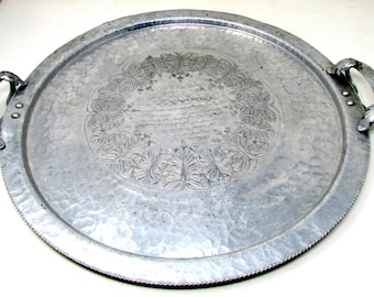 Vintage Continental Silverlook No 591 Eichenblatt Eichel Gehämmertes Aluminium Ottoman Tablett Tablett mit Griff