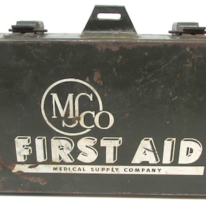 Vintage Industrial Metal First Aid Kit Box Bandages 1940s or earlier First Aid Kit Medical Apothecary Pharmacy Medicine
