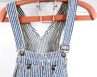 Vintage Montgomery Ward Hickory Streifen Latz Overalls Eisenbahn Arbeitskleidung RR Farm Chore Denim 1940er 1950er Jahre