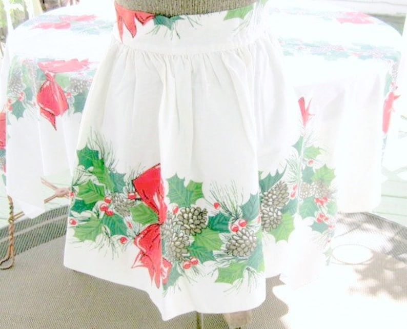 Vintage Christmas Tablecloth and Apron Holiday Table Cloth